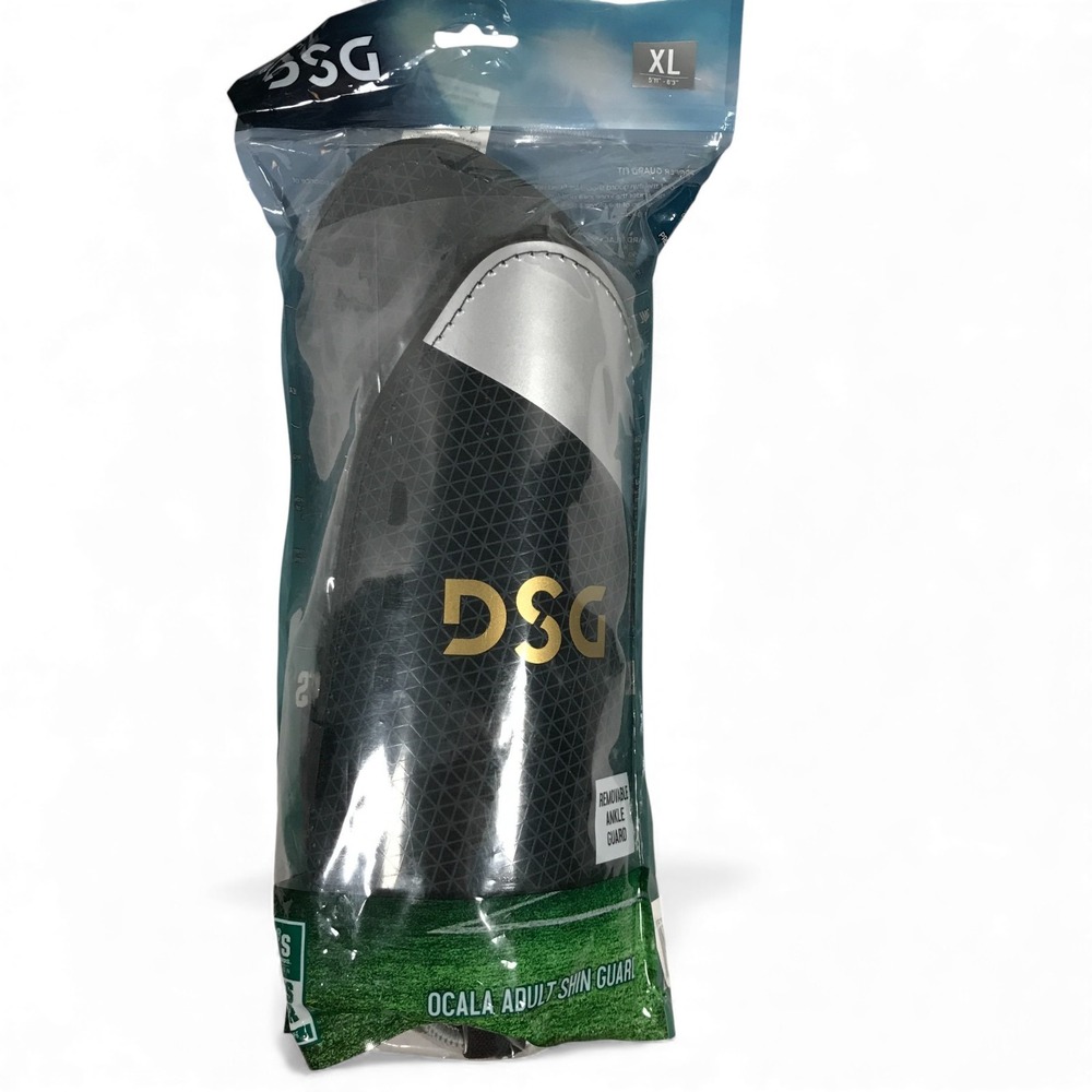 DSG Ocala Adult Shin Guards XL Black Silver Soccer Removable Ankle Guard NEW